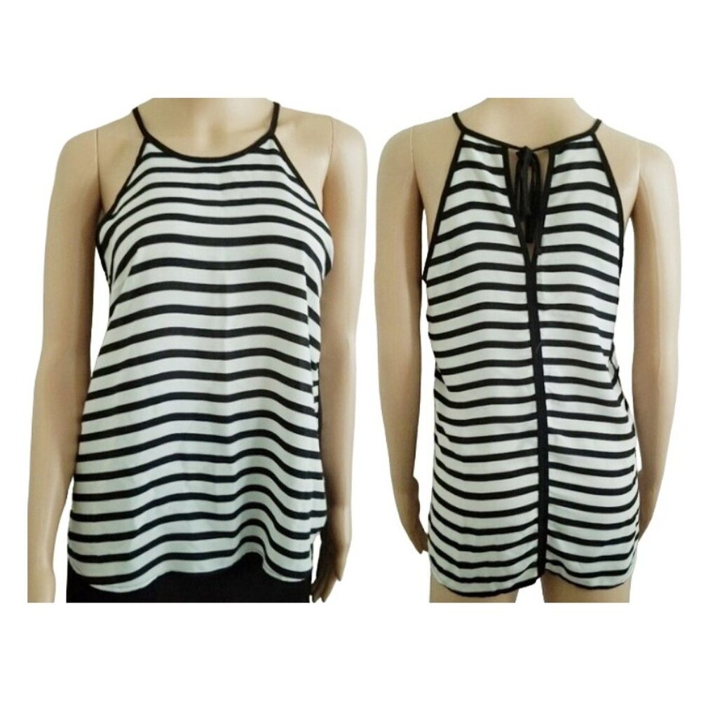 Monteau Los Angeles Black & White Stripe Tie Back Sleeveless Tank Top Size Small - Picture 2 of 16
